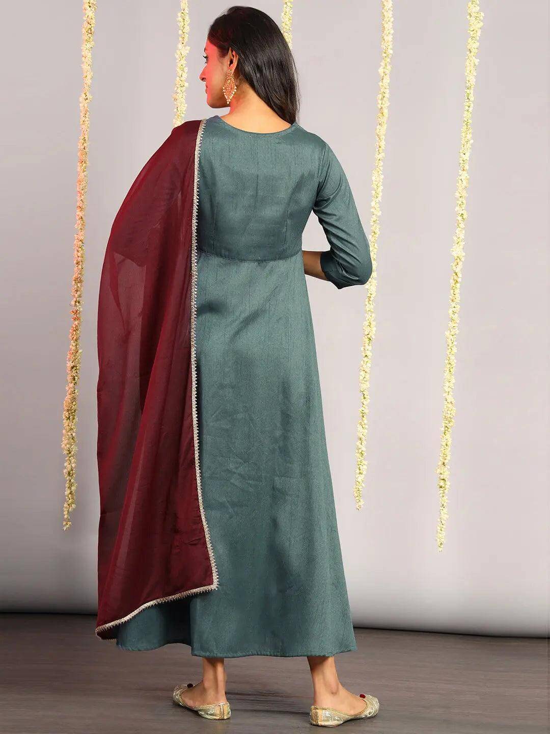 Grey Poly Silk Solid Kurta with Dupatta