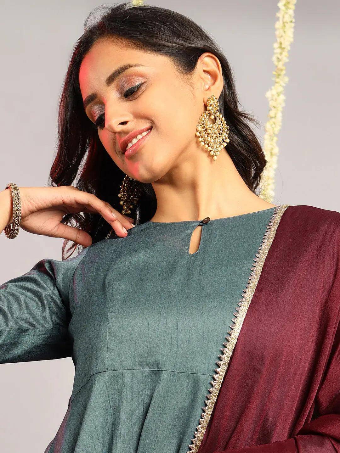 Grey Poly Silk Solid Kurta with Dupatta