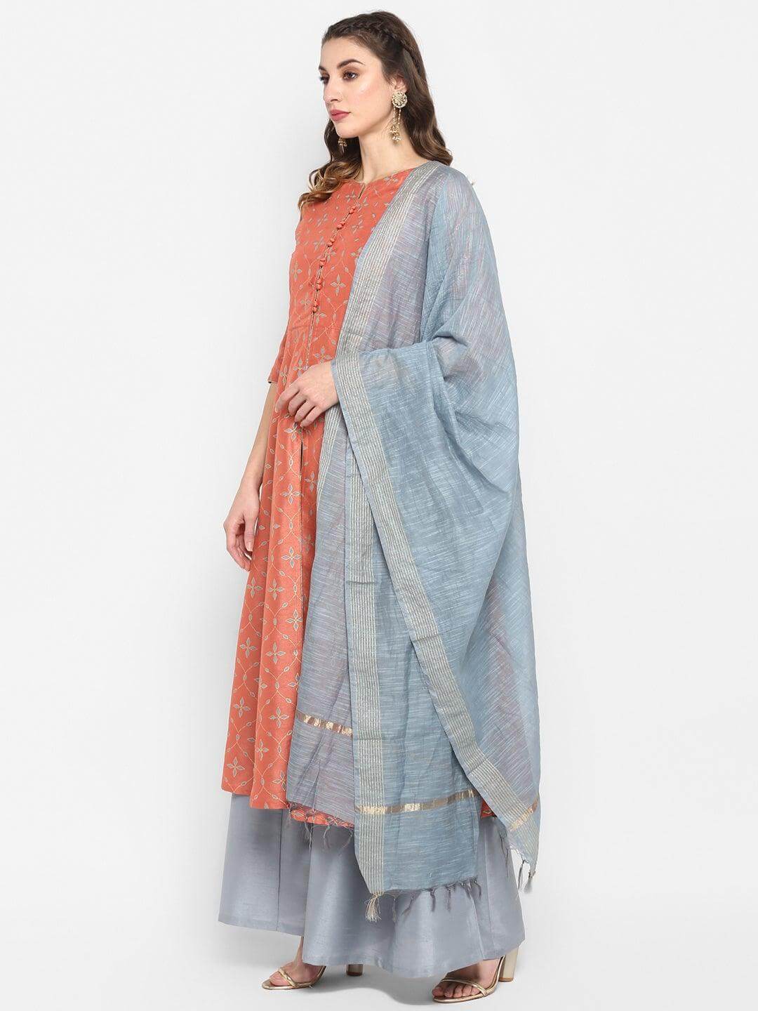 Peach Poly Silk Kurta With Palazzo and Dupatta