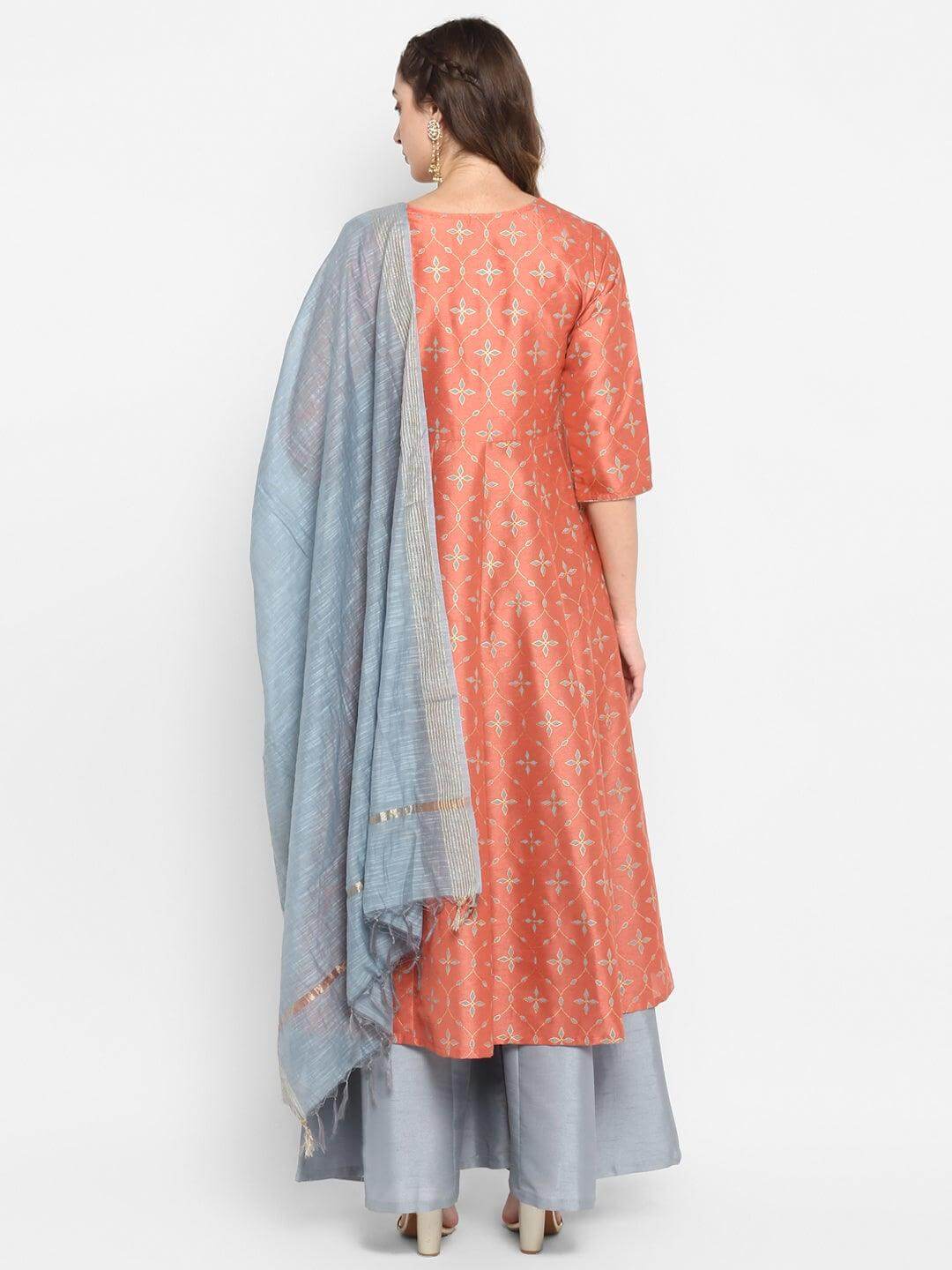 Peach Poly Silk Kurta With Palazzo and Dupatta