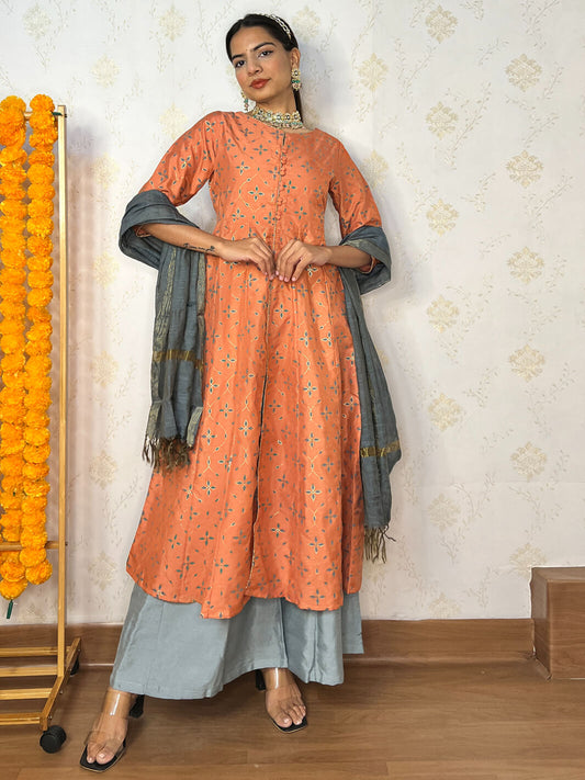 Peach Poly Silk Kurta With Palazzo and Dupatta
