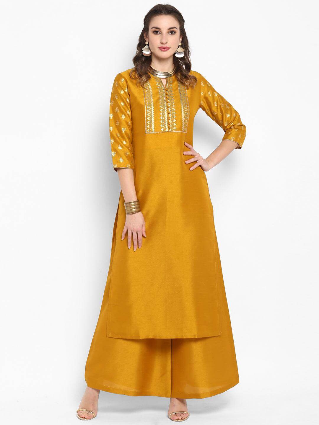 Mustard Poly Silk Floral Print Kurta with Palazzo