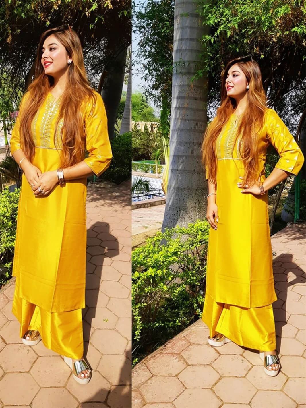 Mustard Poly Silk Floral Print Kurta with Palazzo