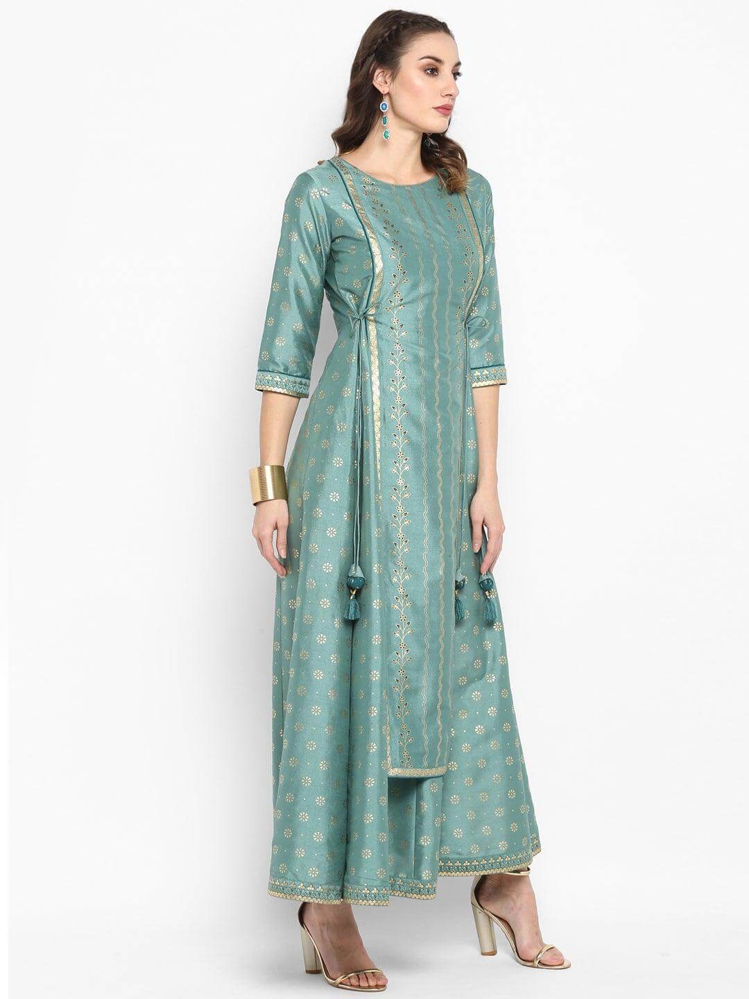 Green Rayon Crepe Foil Print Flared Ethnic Dress