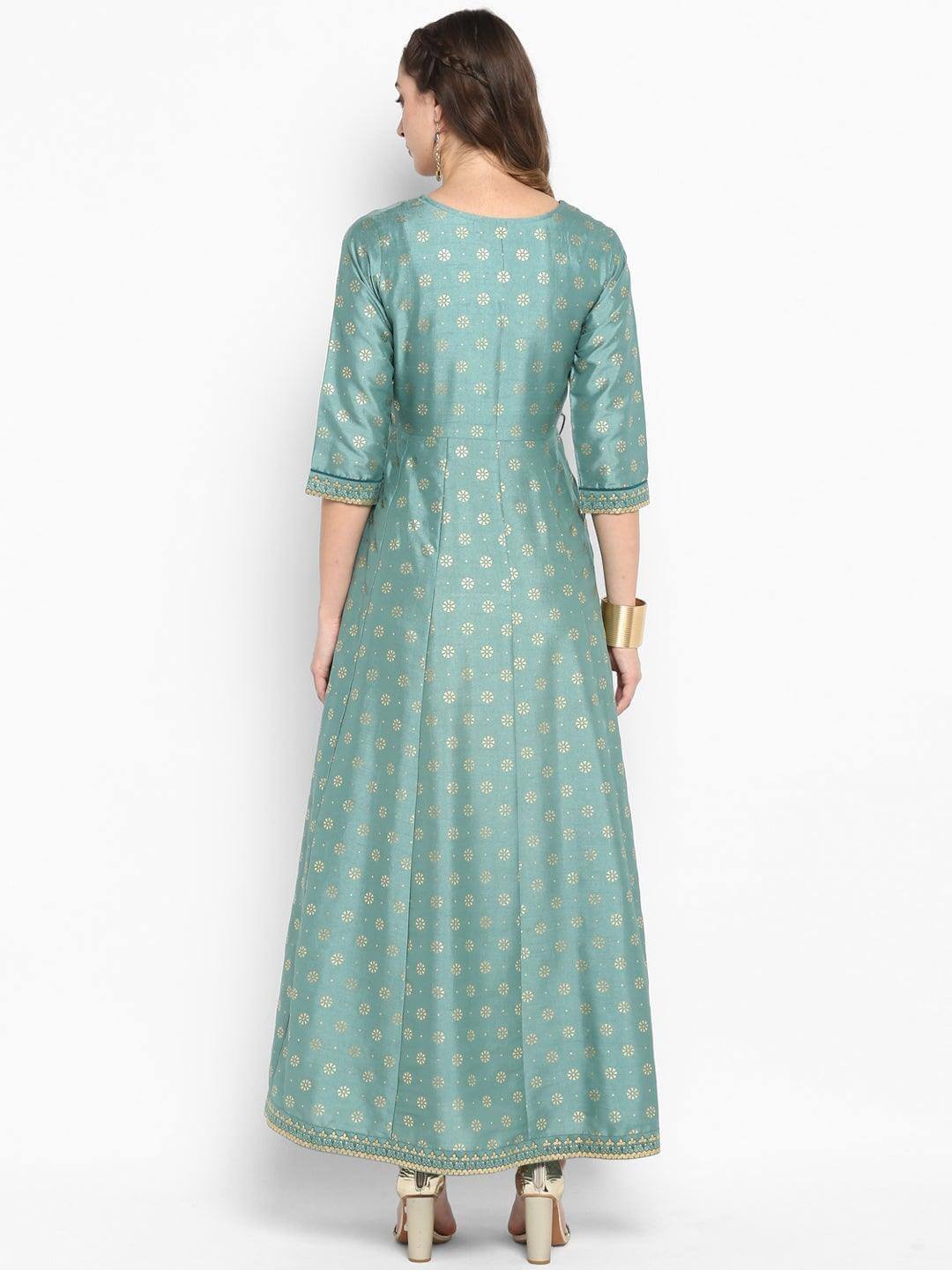 Green Rayon Crepe Foil Print Flared Ethnic Dress