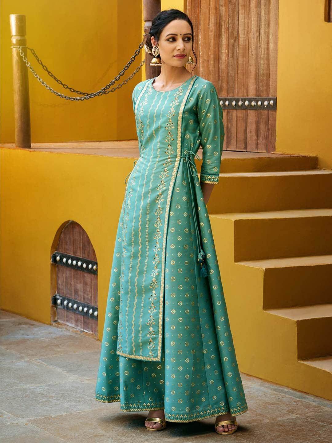 Green Rayon Crepe Foil Print Flared Ethnic Dress