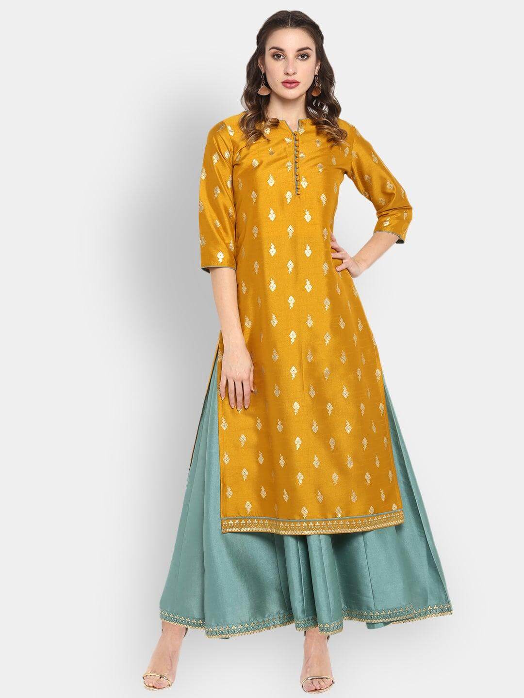 Light Green Poly Silk Gold Print Anarkali Ethnic Dress