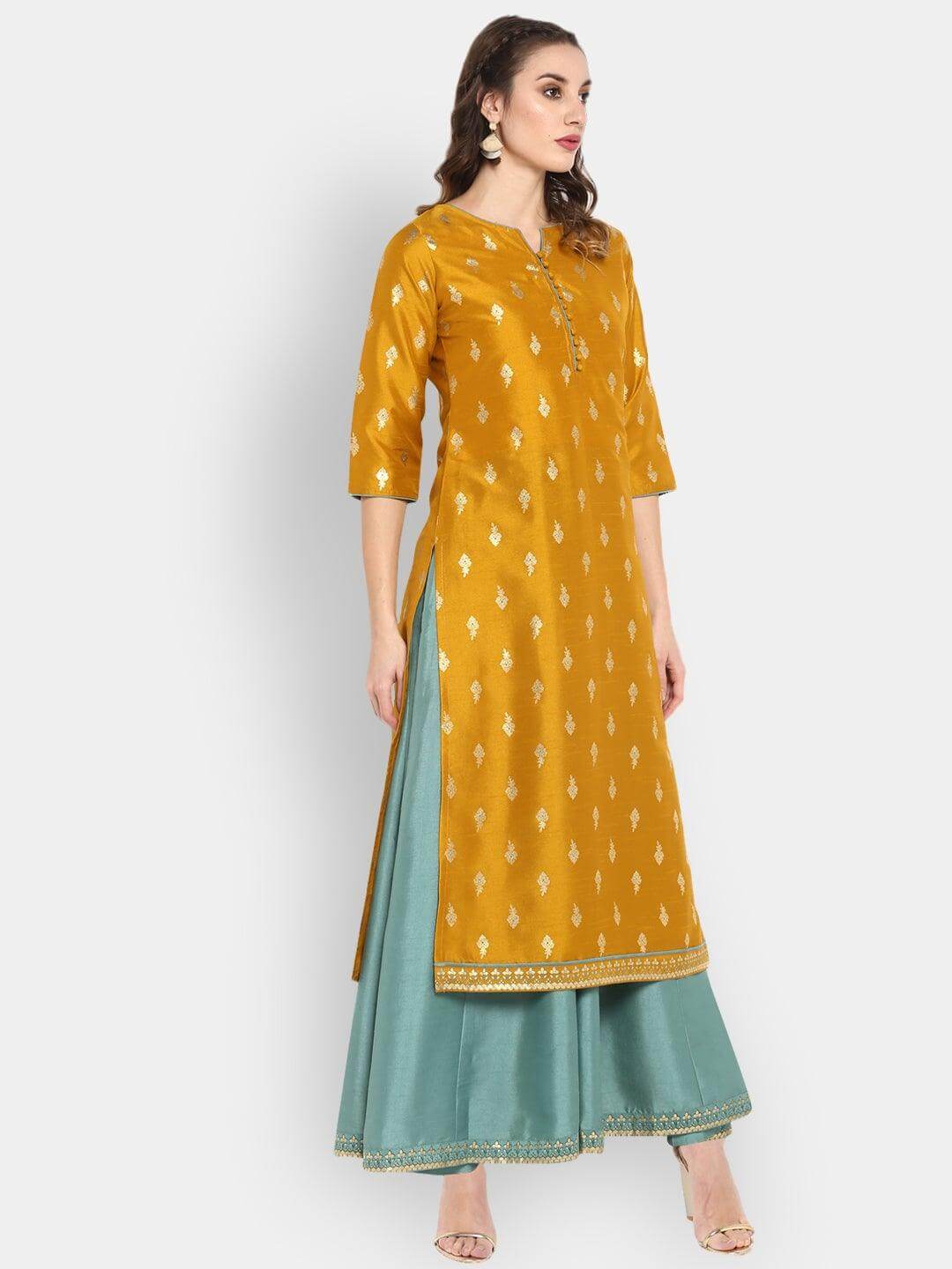 Light Green Poly Silk Gold Print Anarkali Ethnic Dress