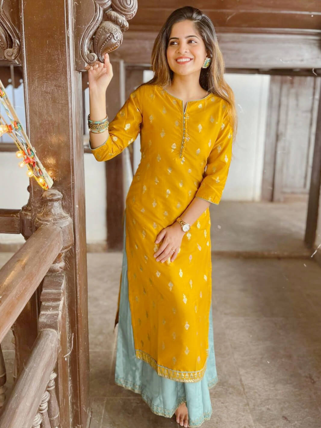 Light Green Poly Silk Gold Print Anarkali Ethnic Dress