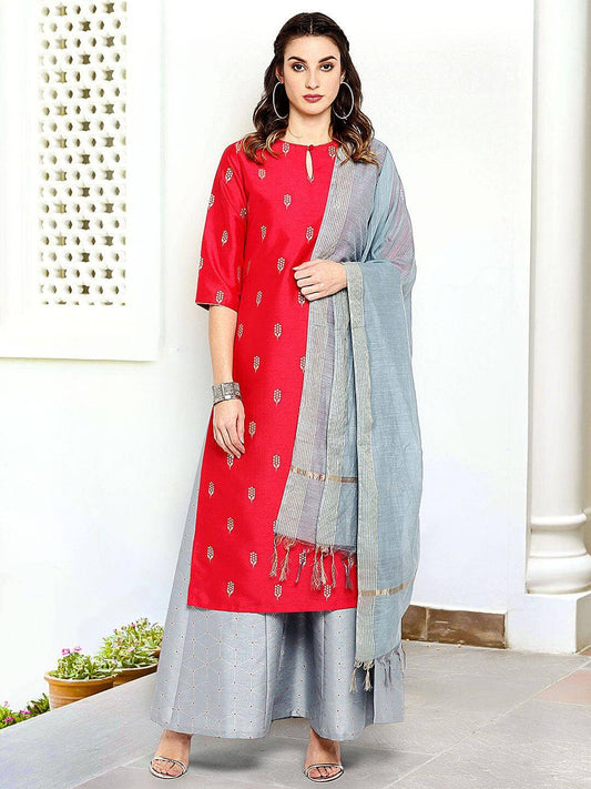 Red Poly Silk Kurta With Palazzo and Dupatta