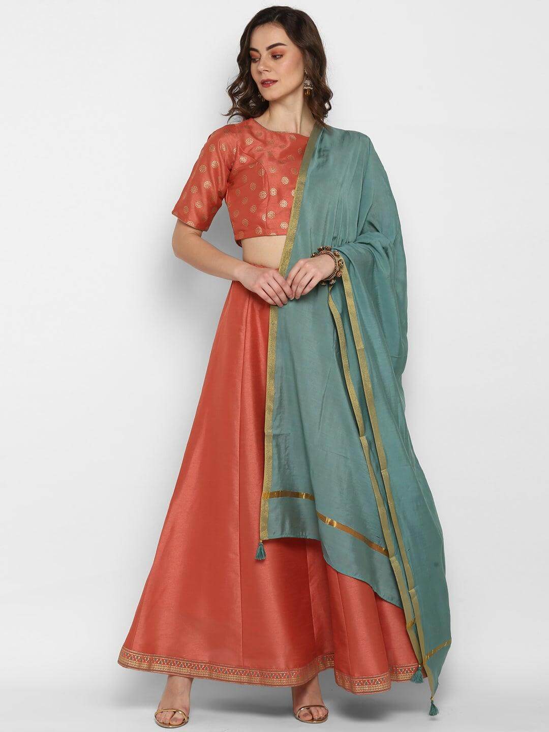 Peach Poly Silk Floral Print Lehenga Choli With Dupatta