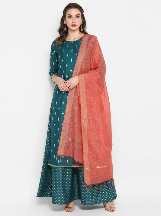 Teal Green Poly Silk Gold Print Kurta with Palazzo and Dupatta