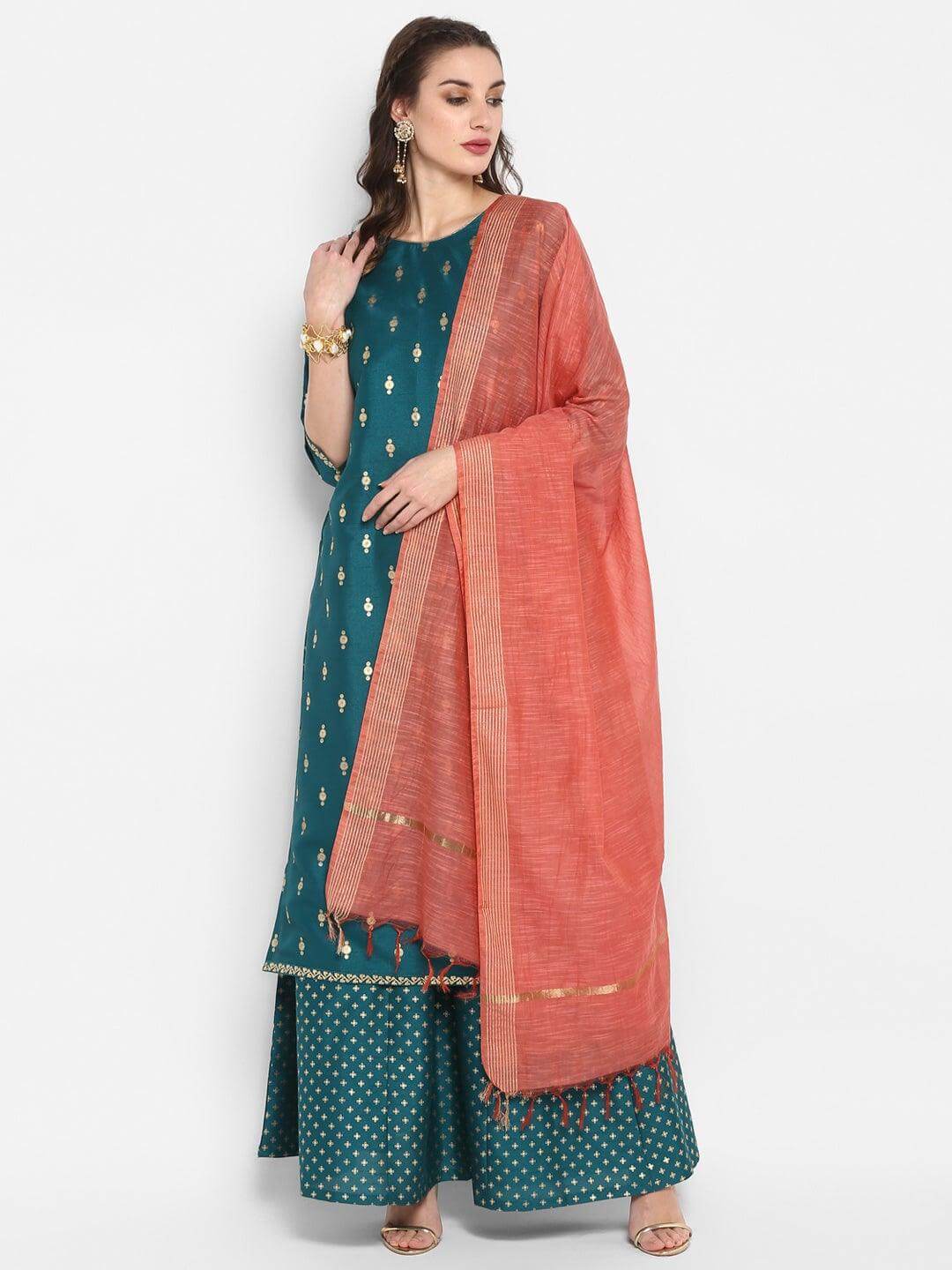 Teal Green Poly Silk Gold Print Kurta with Palazzo and Dupatta