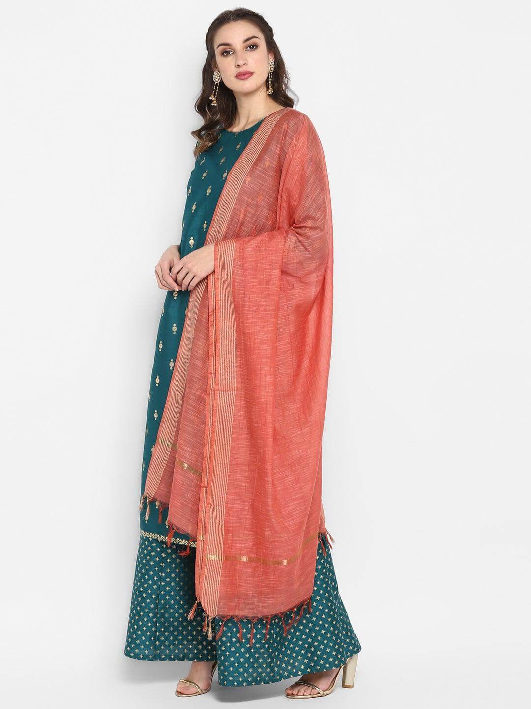 Teal Green Poly Silk Gold Print Kurta with Palazzo and Dupatta