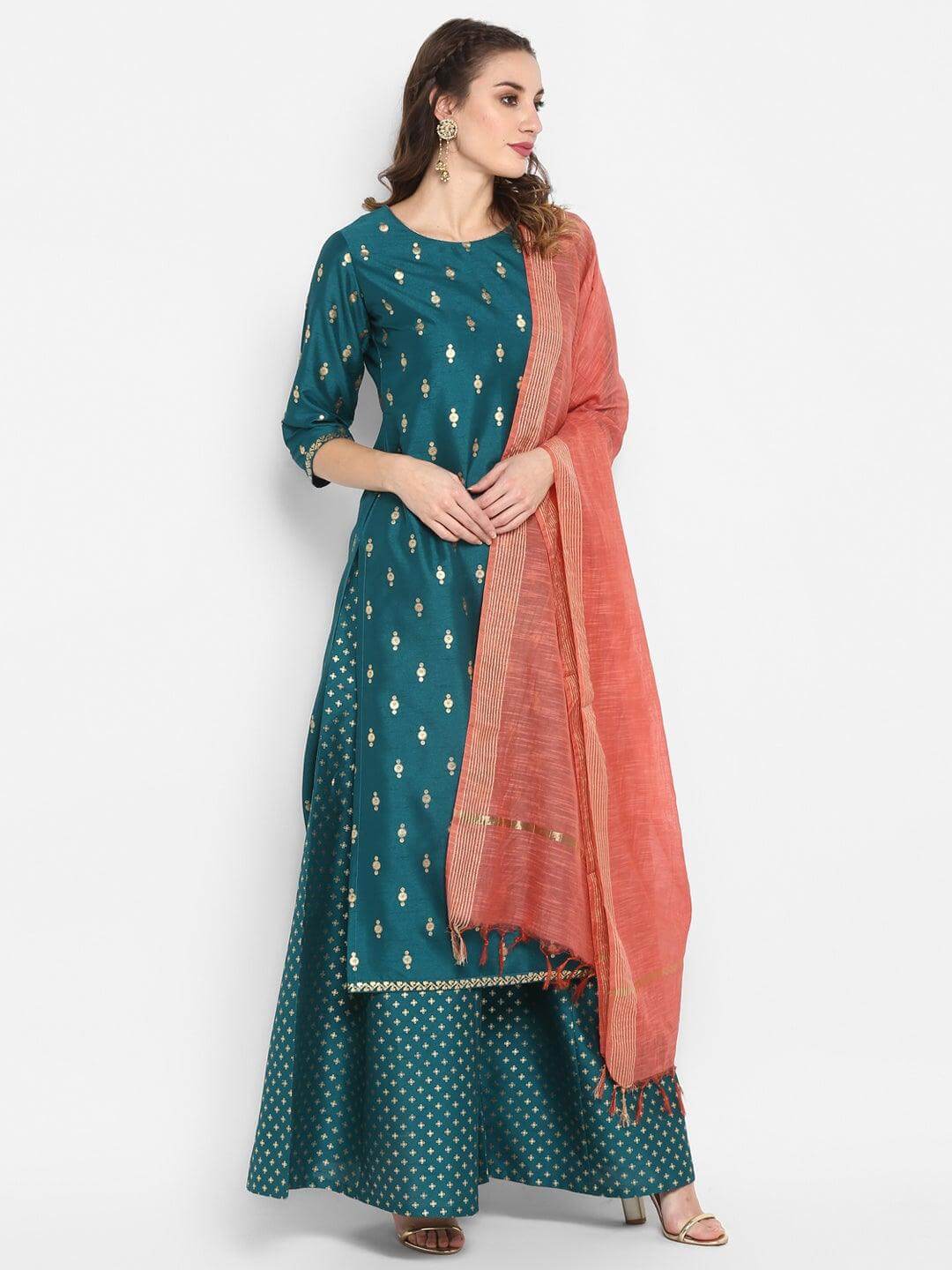 Teal Green Poly Silk Gold Print Kurta with Palazzo and Dupatta