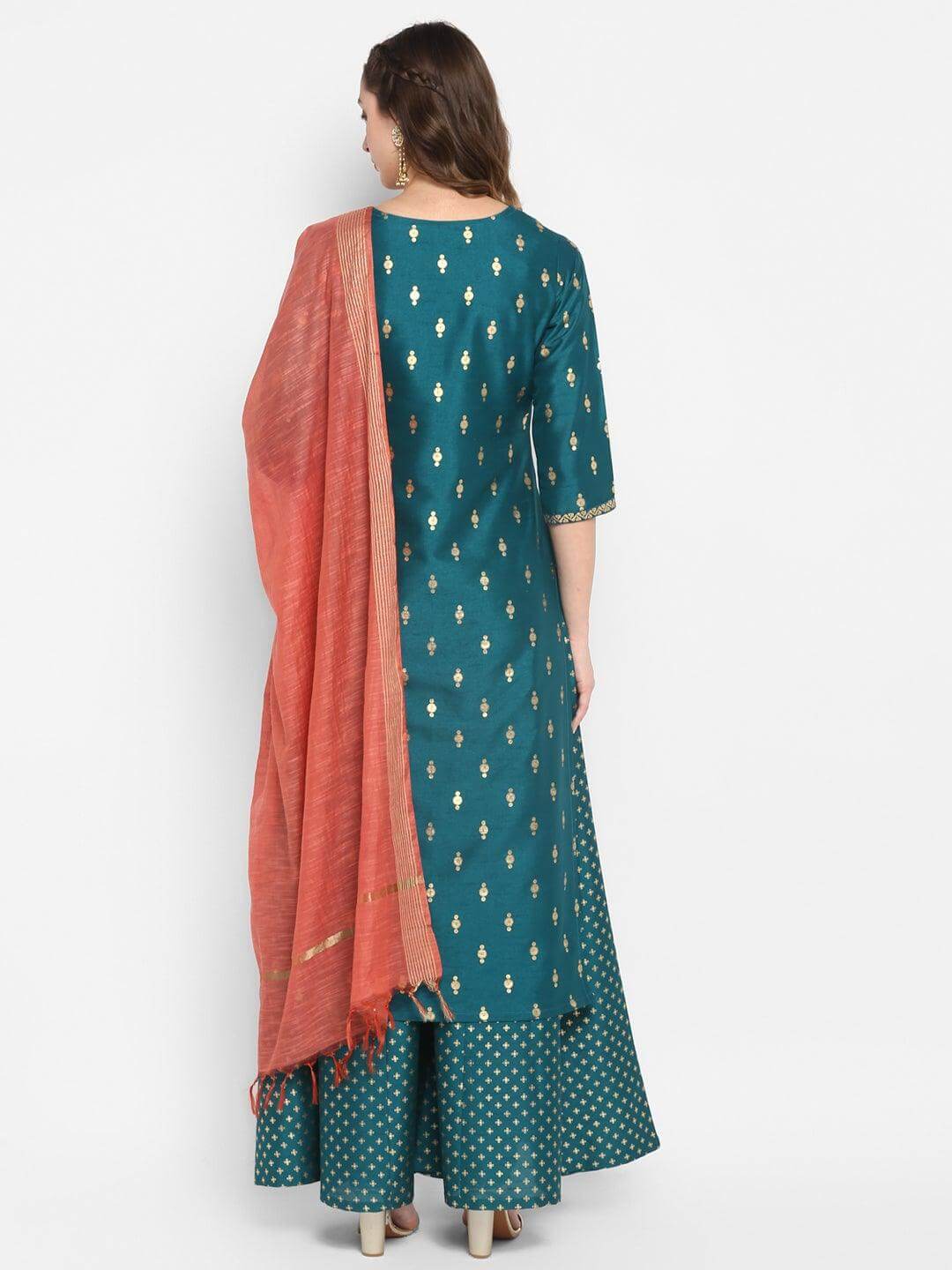 Teal Green Poly Silk Gold Print Kurta with Palazzo and Dupatta