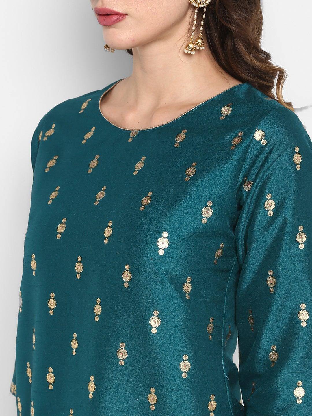 Teal Green Poly Silk Gold Print Kurta with Palazzo and Dupatta