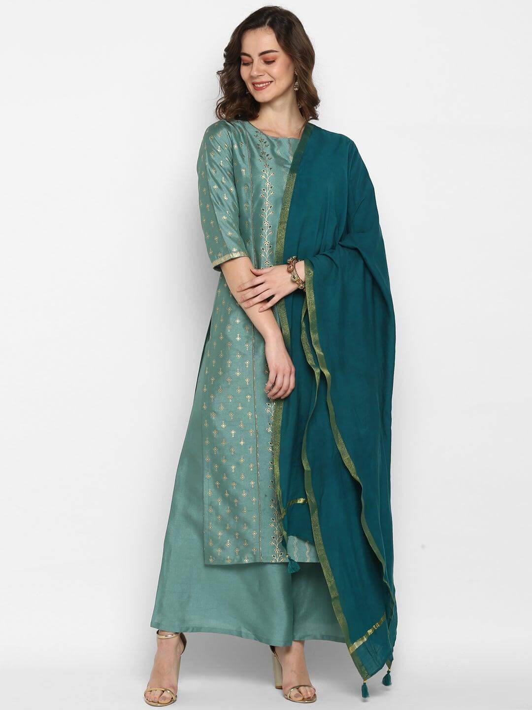 Light Green Poly Silk Floral Print Kurta with Palazzo and Dupatta