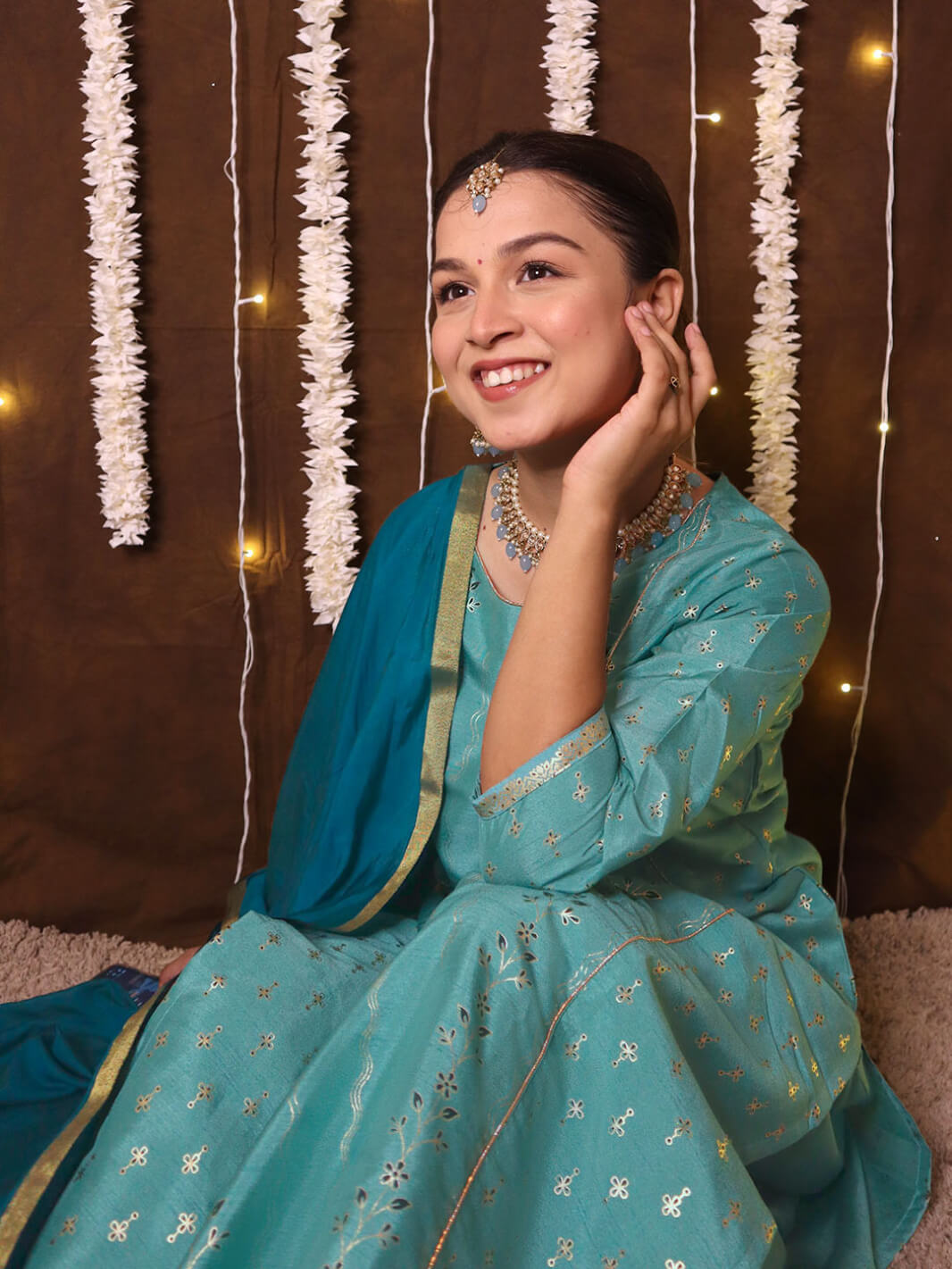 Light Green Poly Silk Floral Print Kurta with Palazzo and Dupatta
