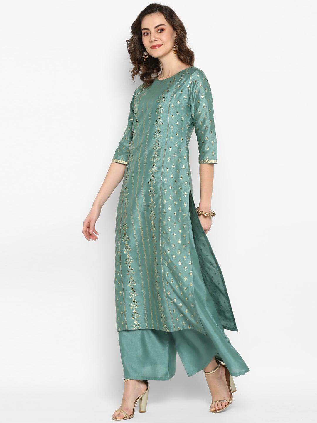Light Green Poly Silk Floral Print Kurta with Palazzo and Dupatta