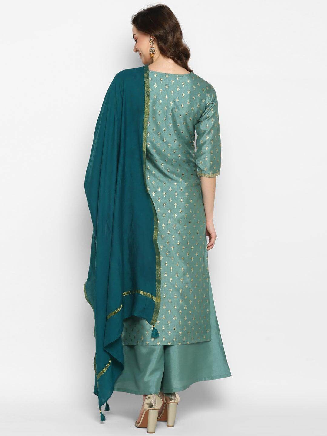Light Green Poly Silk Floral Print Kurta with Palazzo and Dupatta