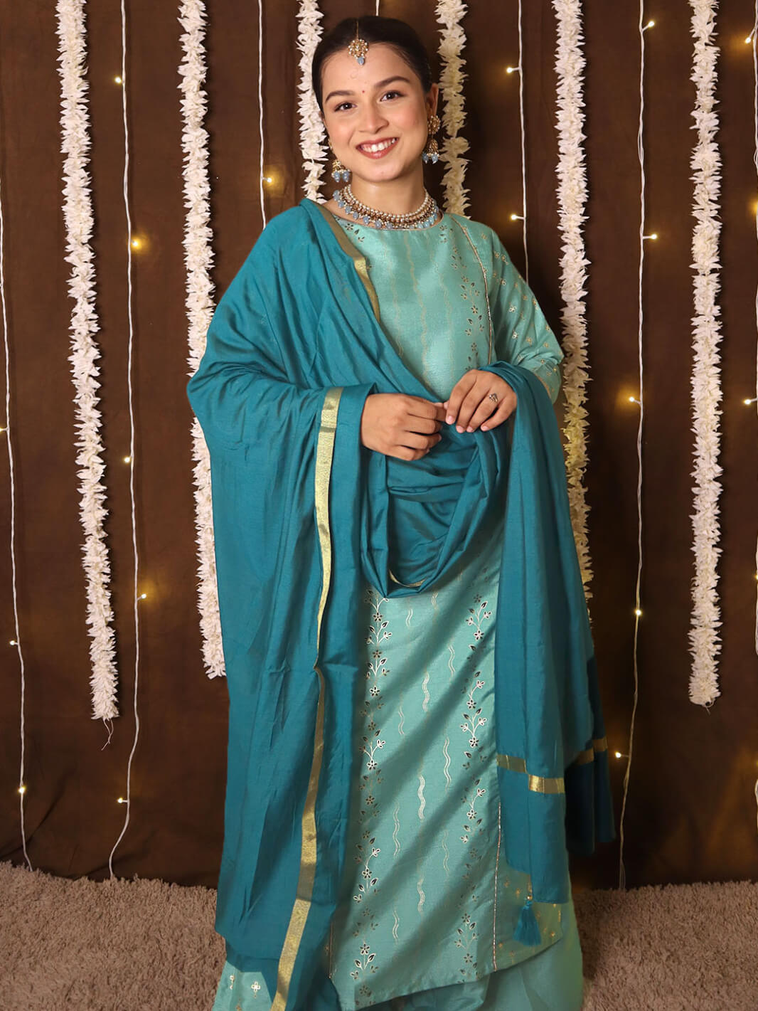 Light Green Poly Silk Floral Print Kurta with Palazzo and Dupatta