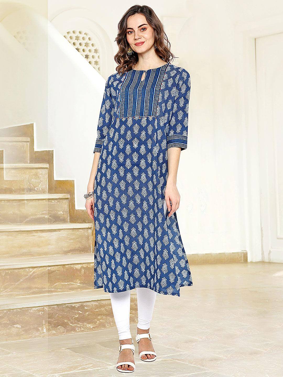 Blue Cotton Block Print Angrakha Kurta