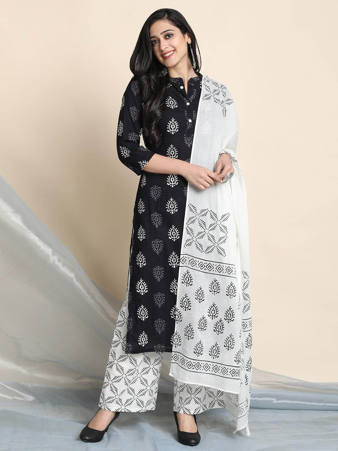 Black Cotton Block Print Kurta with Palazzo and Dupatta