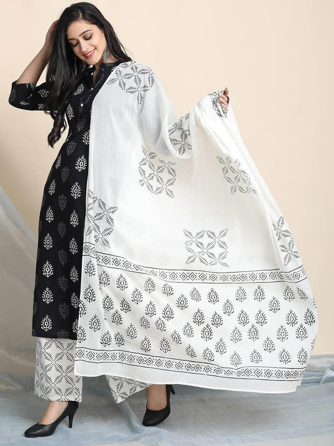 Black Cotton Block Print Kurta with Palazzo and Dupatta