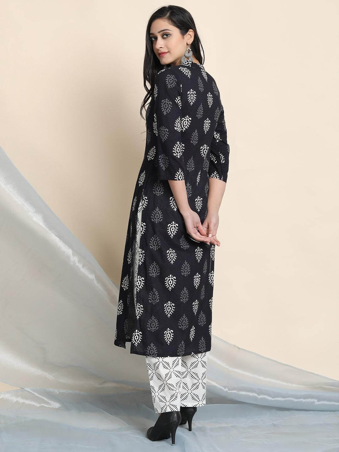 Black Cotton Block Print Kurta with Palazzo and Dupatta