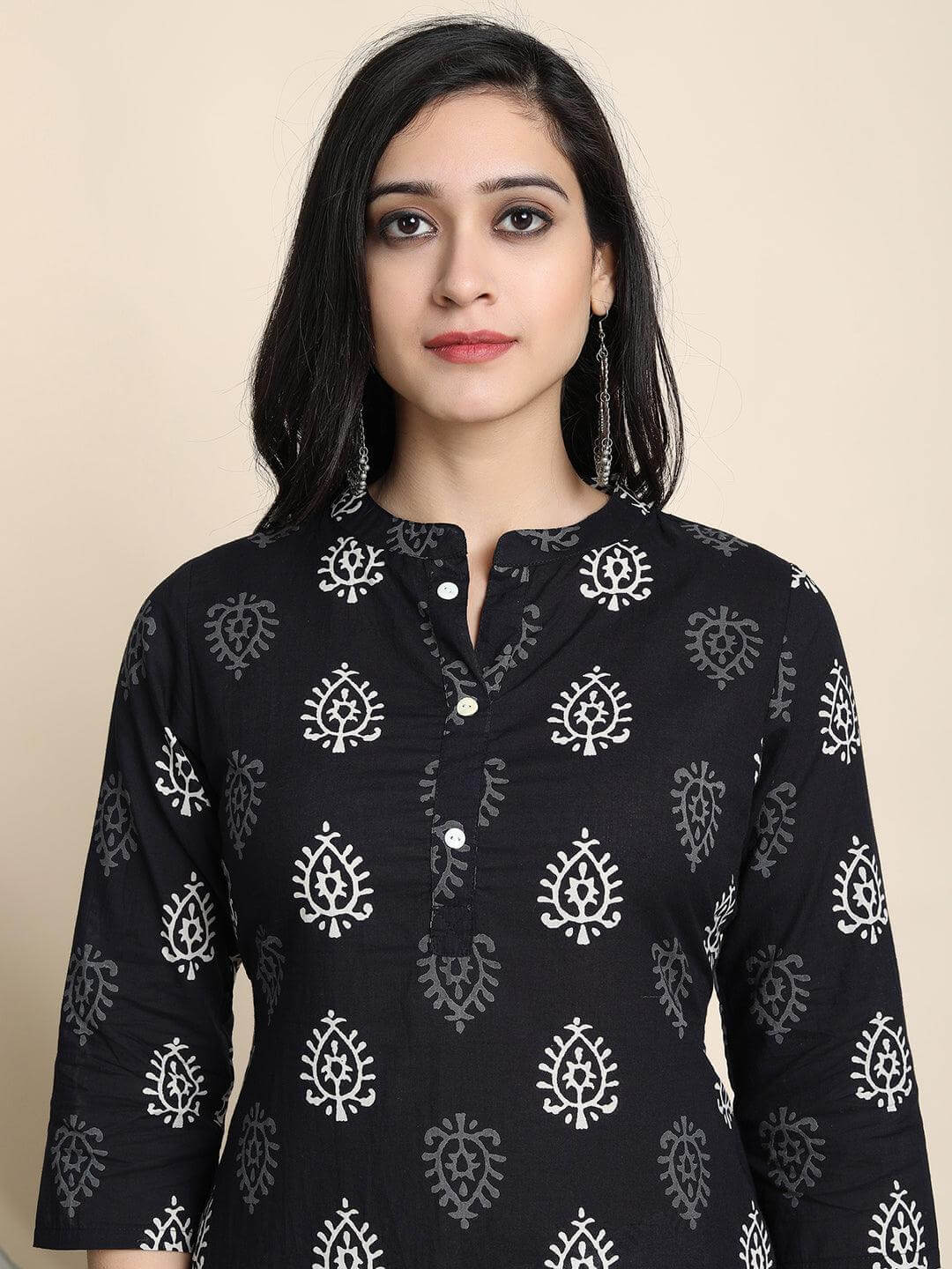 Black Cotton Block Print Kurta with Palazzo and Dupatta