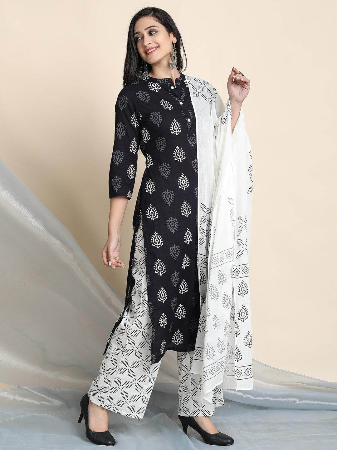 Black Cotton Block Print Kurta with Palazzo and Dupatta