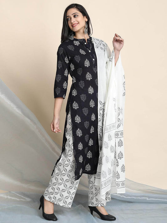 Black Cotton Block Print Kurta with Palazzo and Dupatta