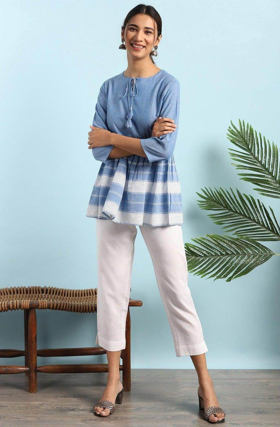 Blue Cotton Striped Empire Top