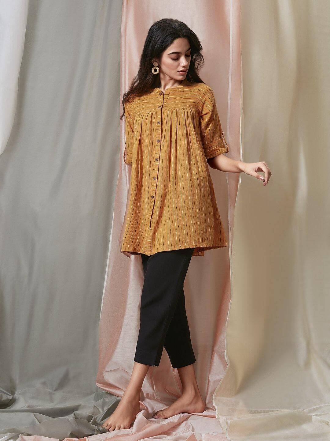 Mustard Cotton Woven Design Gathered Tunic