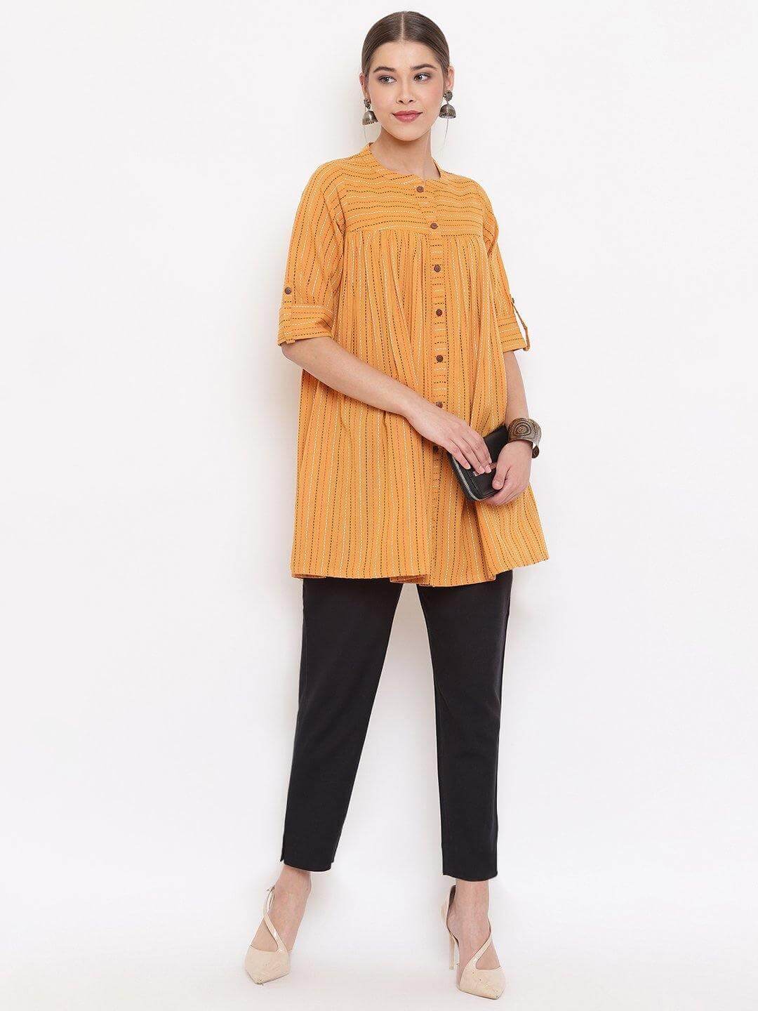 Mustard Cotton Woven Design Gathered Tunic