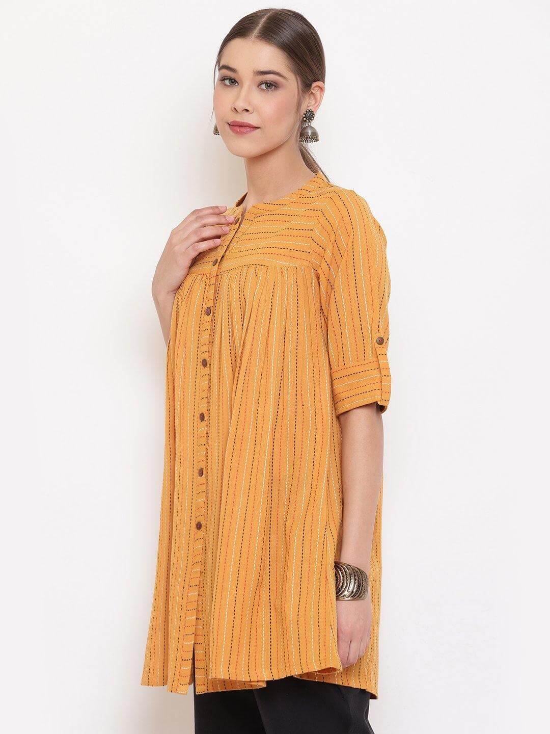 Mustard Cotton Woven Design Gathered Tunic