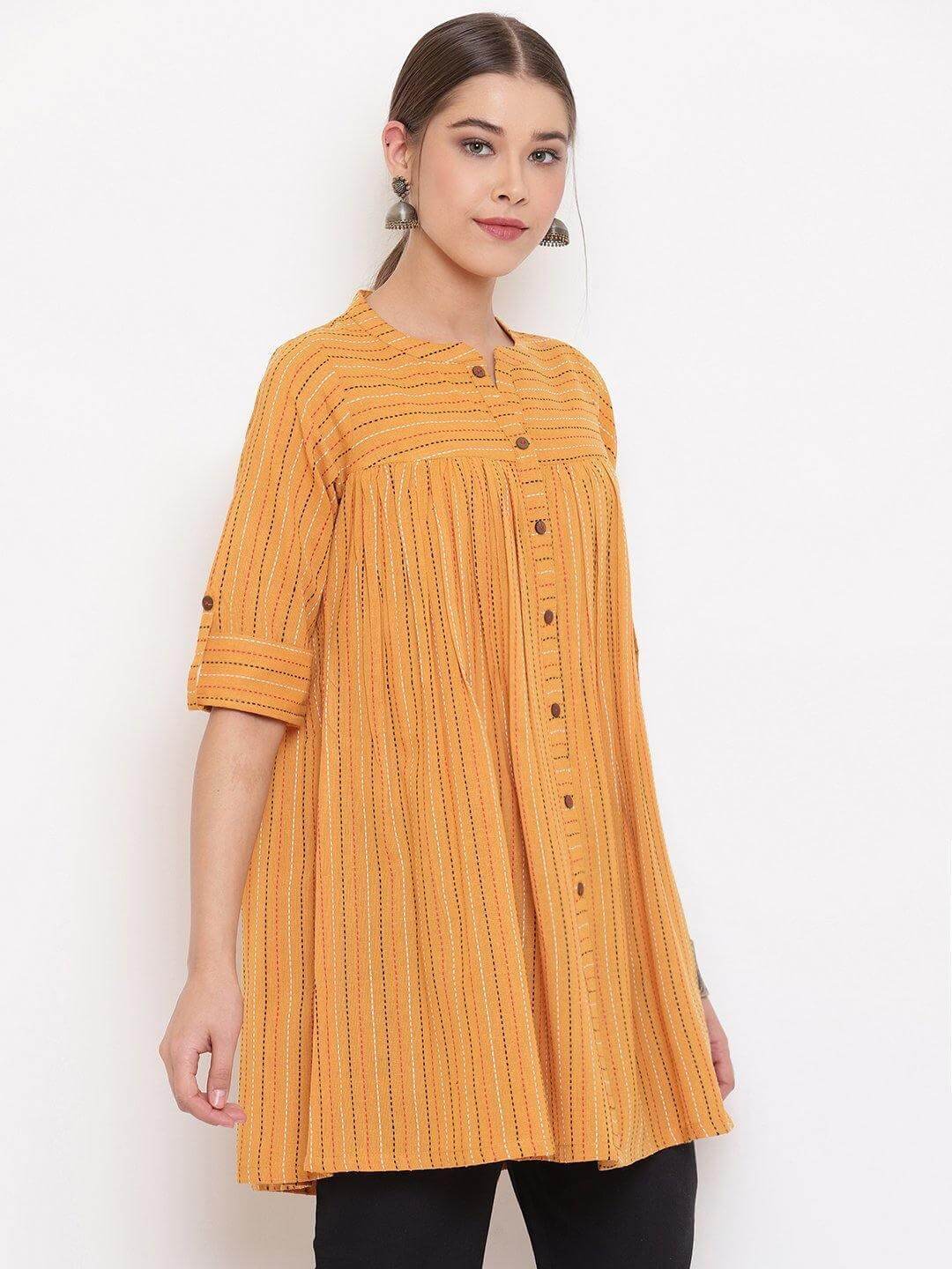 Mustard Cotton Woven Design Gathered Tunic