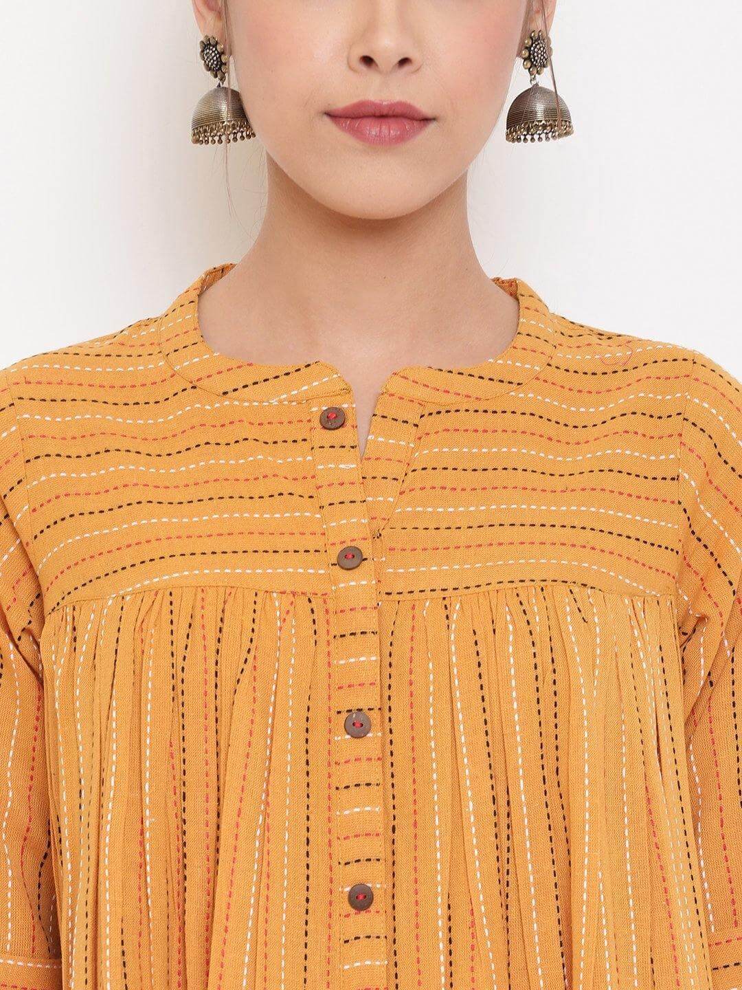 Mustard Cotton Woven Design Gathered Tunic