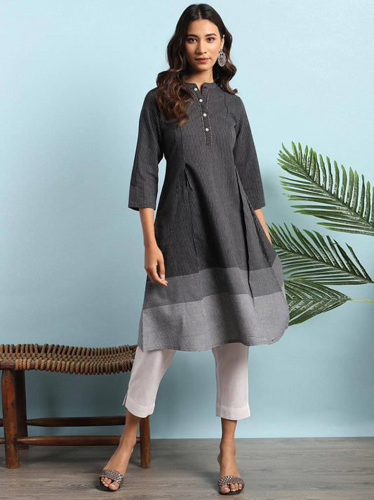 Black Cotton Striped A-line Kurta