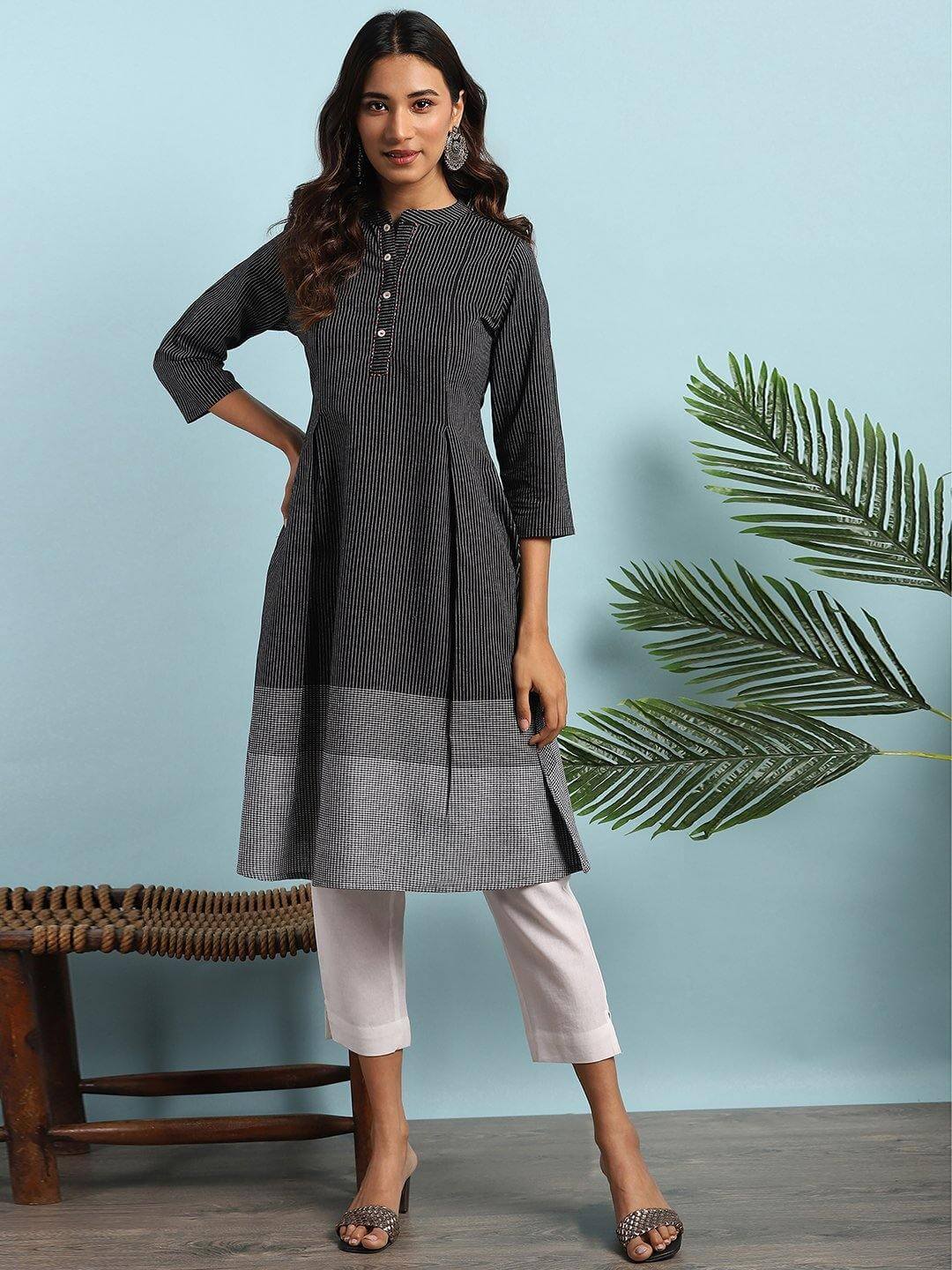 Black Cotton Striped A-line Kurta