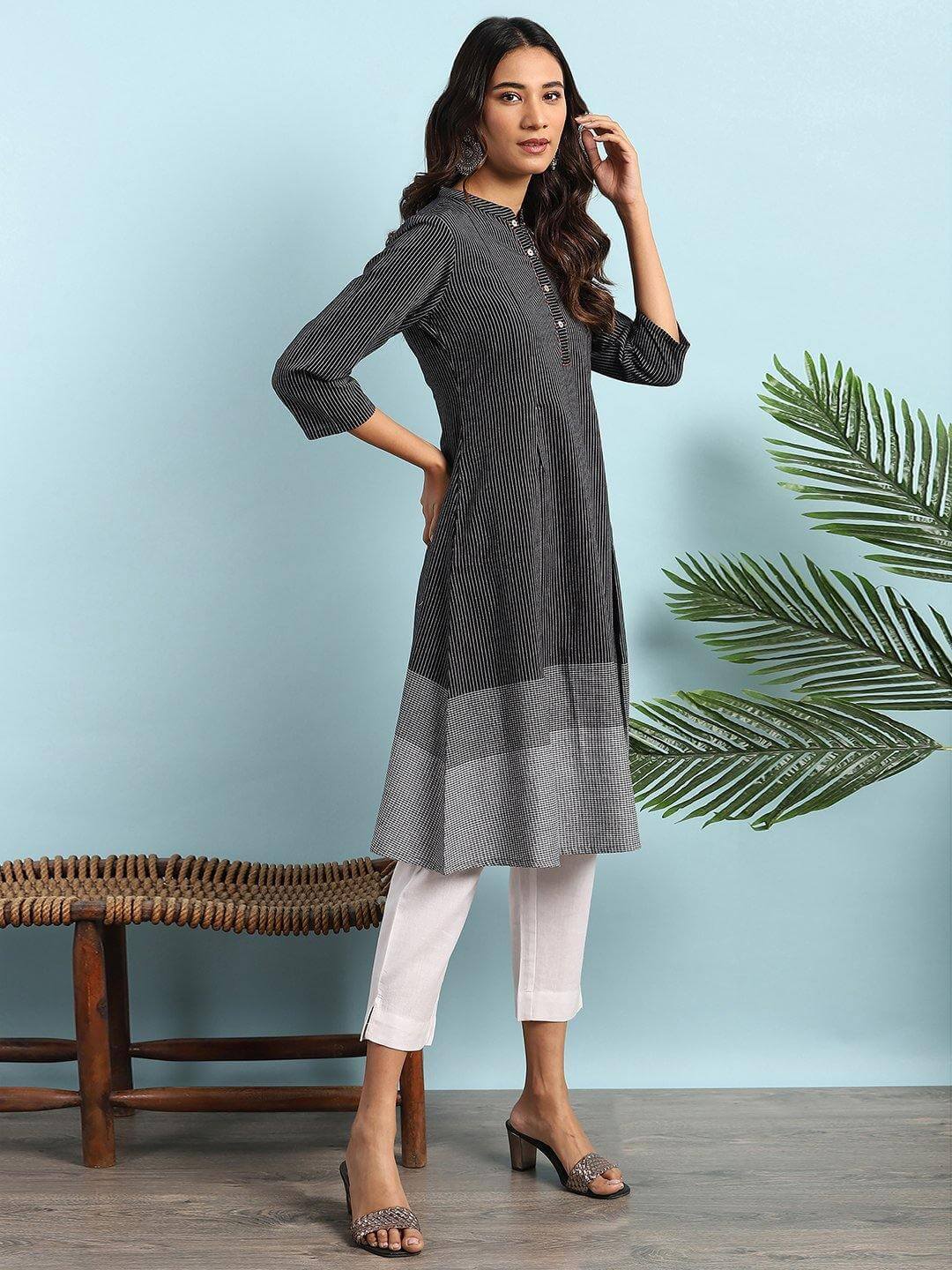 Black Cotton Striped A-line Kurta