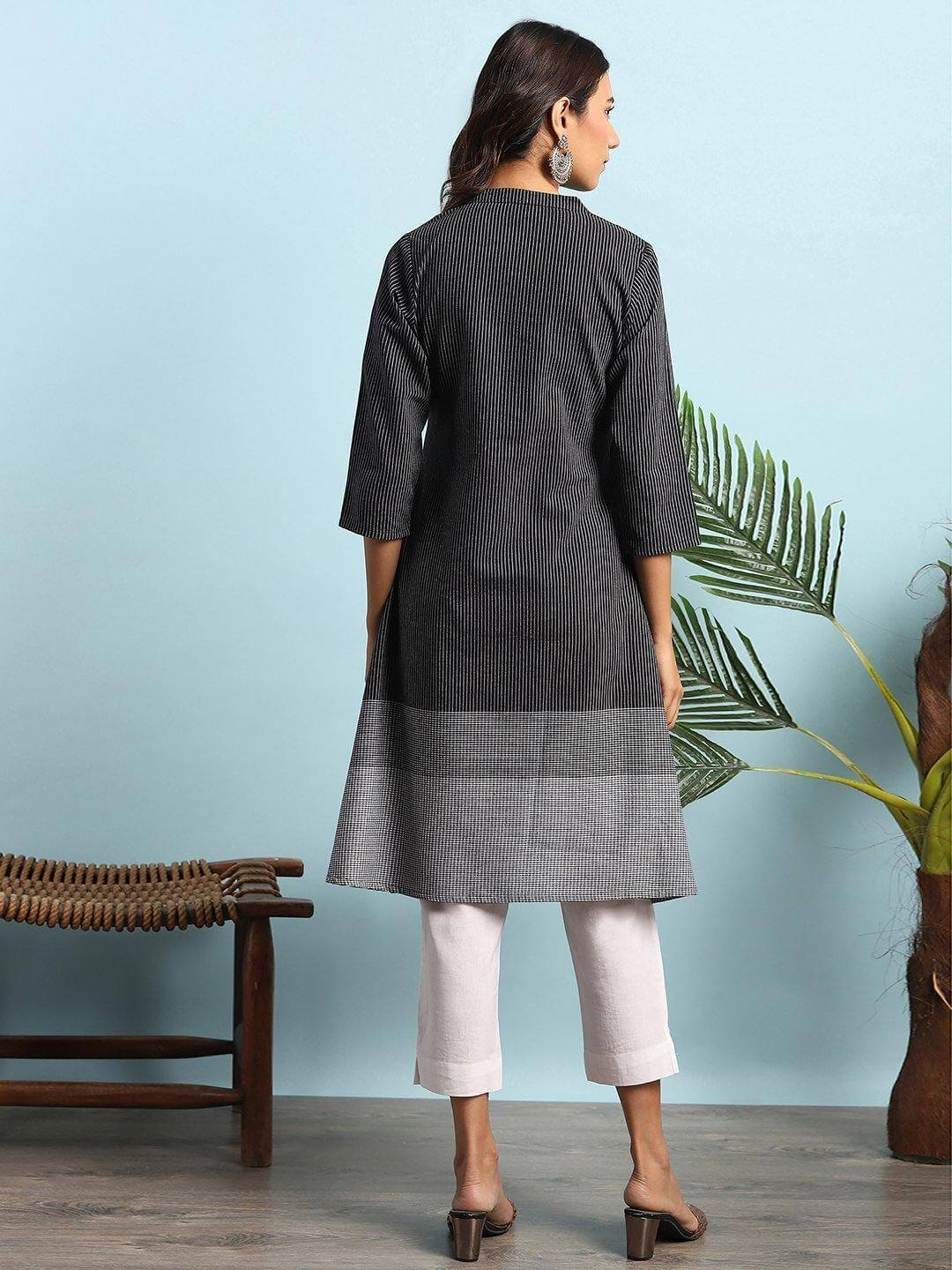 Black Cotton Striped A-line Kurta