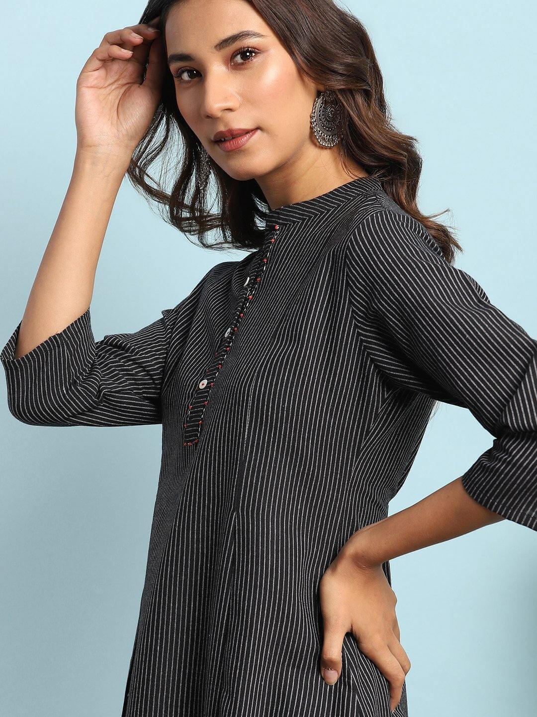 Black Cotton Striped A-line Kurta
