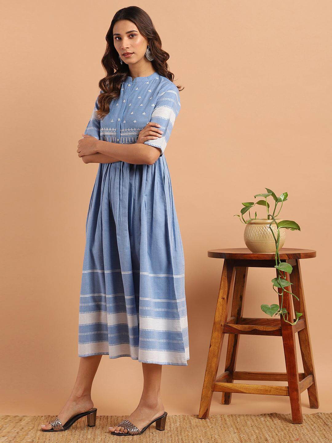 Blue Cotton Floral Flared Western Dress