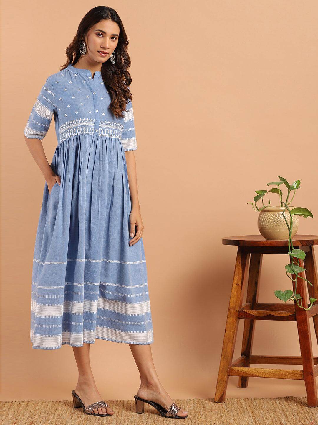 Blue Cotton Floral Flared Western Dress