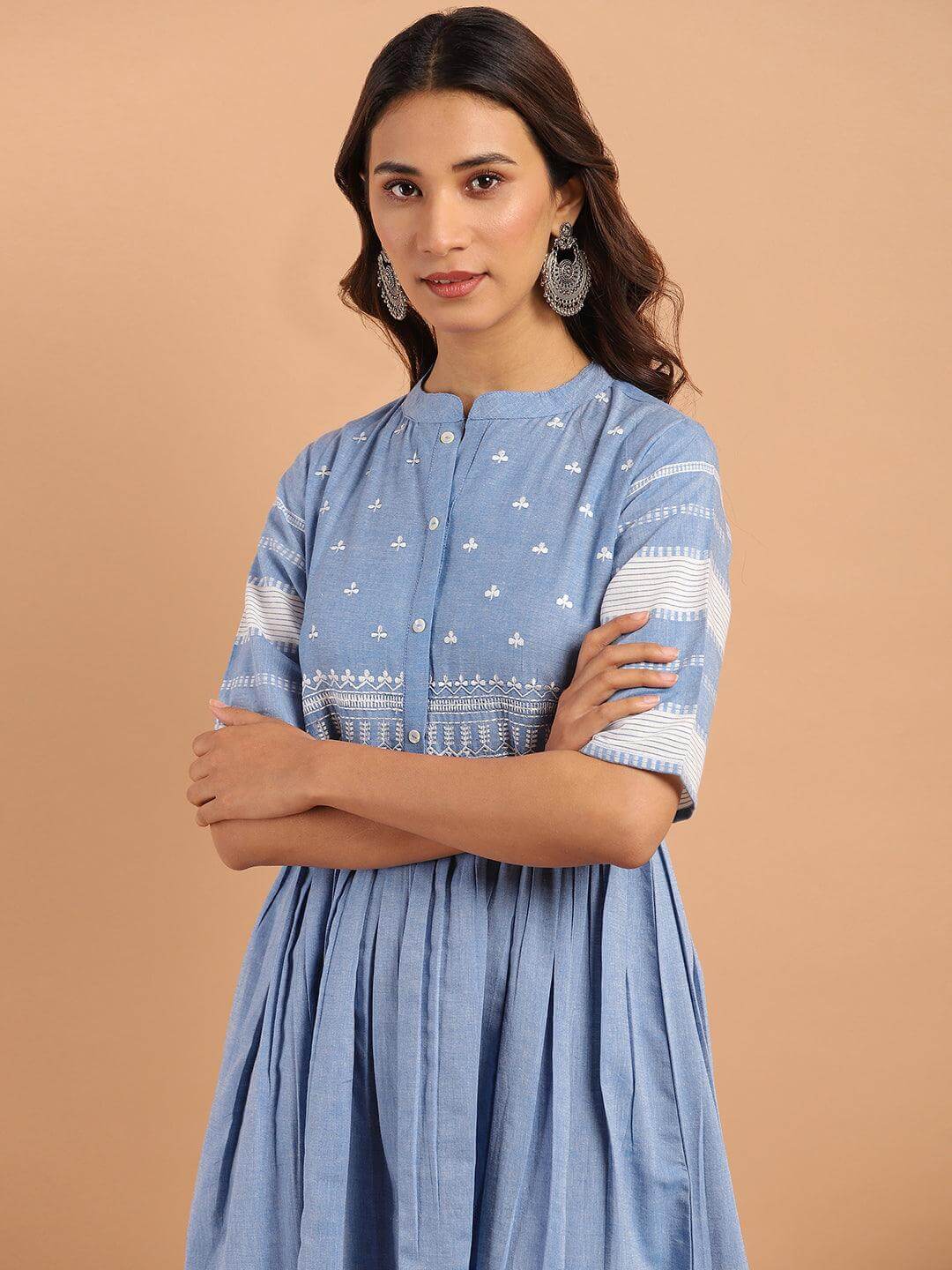 Blue Cotton Floral Flared Western Dress