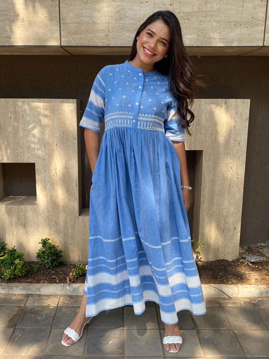 Blue Cotton Floral Flared Western Dress