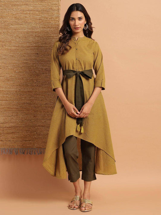 Green Cotton Checkered High Low Kurta
