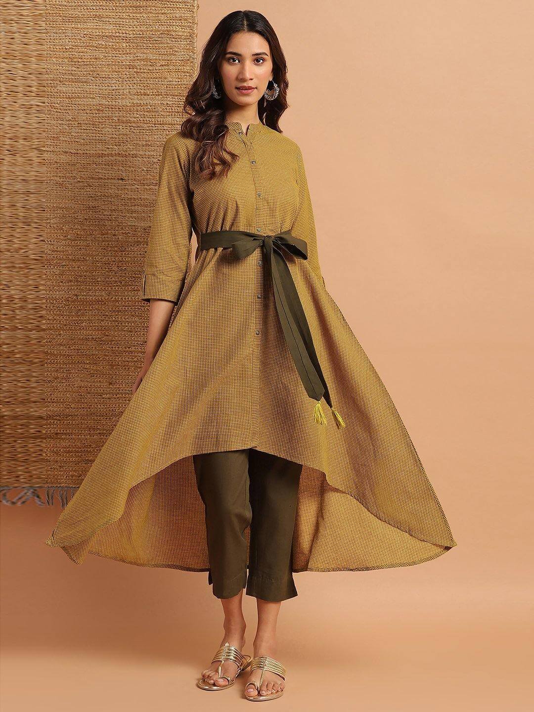 Green Cotton Checkered High Low Kurta